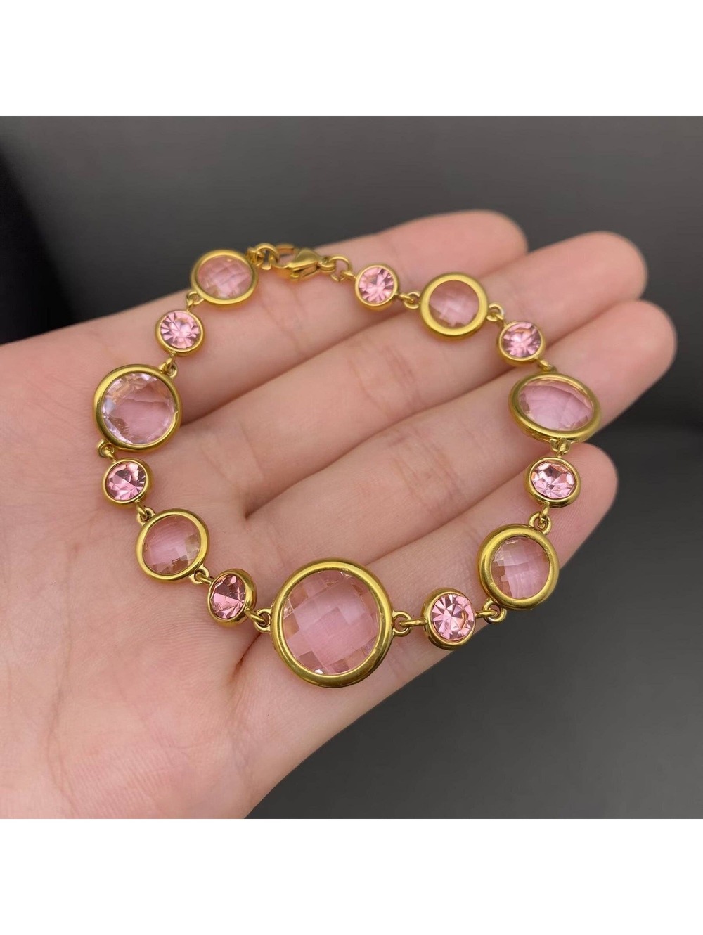 Zircon & Pink Round Glass 18K Golden S.Steel Bracelet